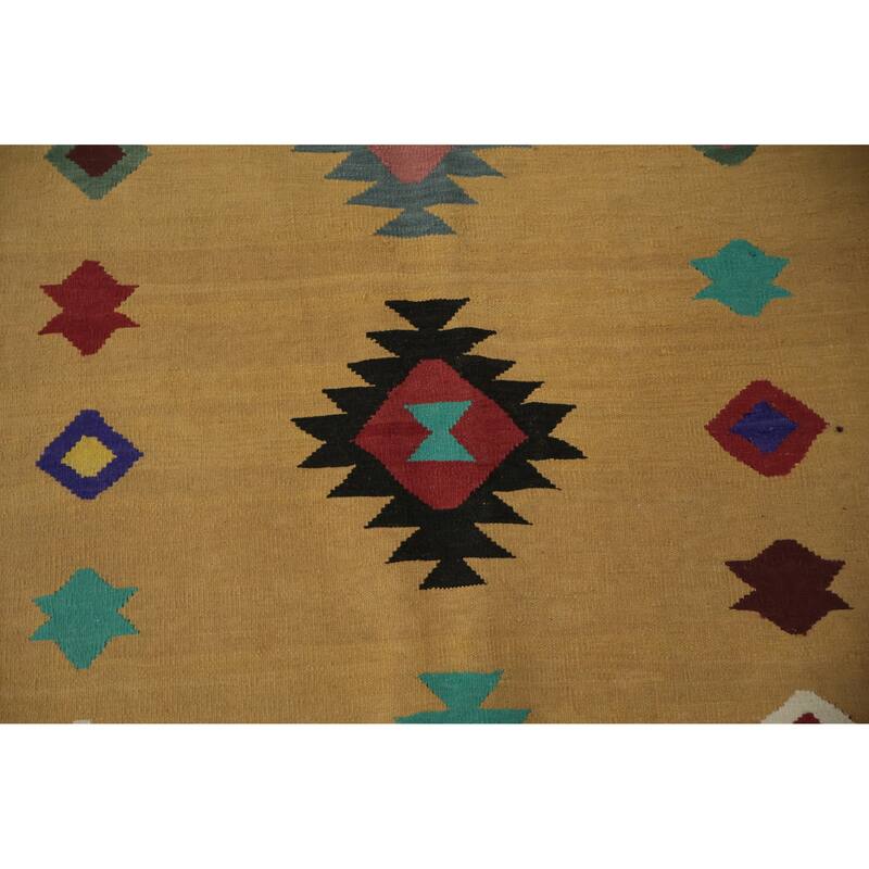 Hand Woven Oriental 100% Wool Carpet Southwestern Tribal Yellow & Gold Kilim Area Rug - 9' 10'' X 8' 2''