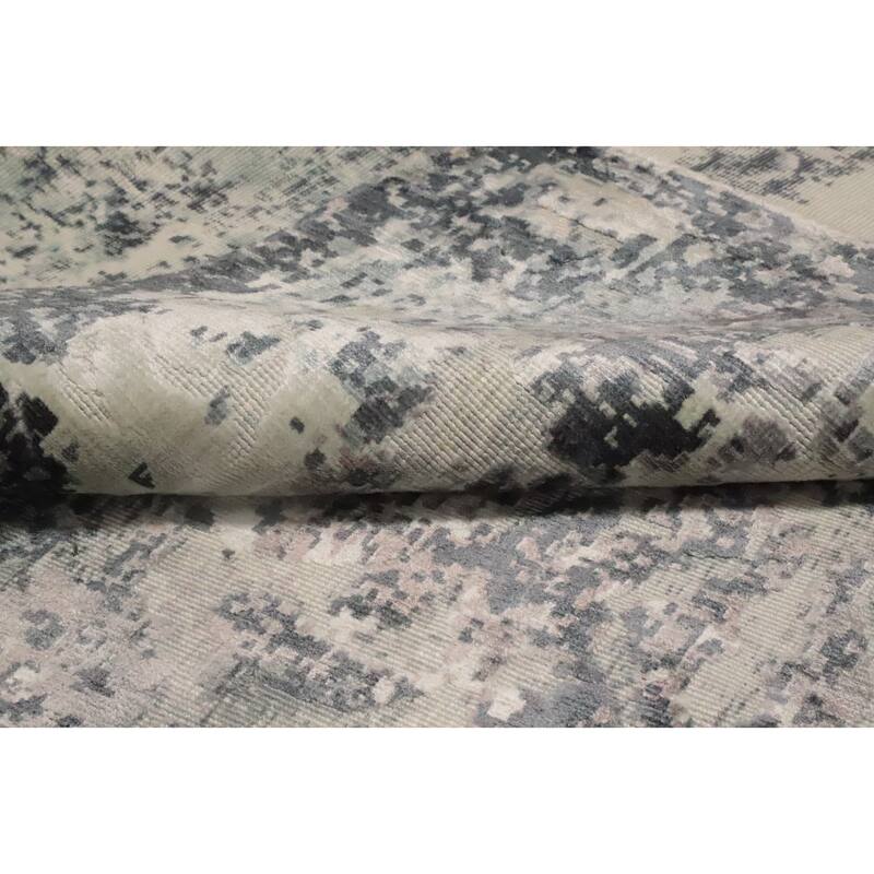 Hand Knotted Oriental Viscose Silk Carpet Modern All-Over Greys & Charcoal Abstract Area Rug - 8' 2'' X 5' 7''