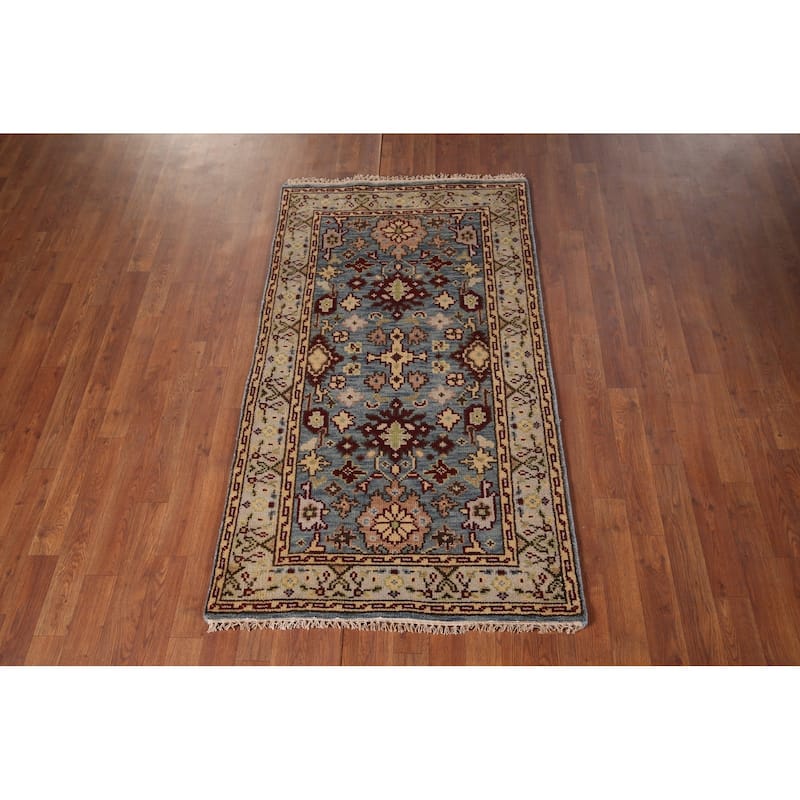 Light Blue Geometric Heriz Serapi Accent Rug Handmade Wool Carpet - 2'11"x 5'2"