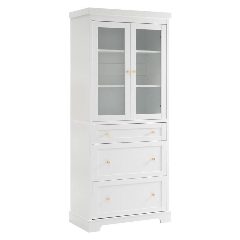 Tall Bathroom Storage Cabinet, Freestanding Cabinet with Glass Doors & Adjustable Shelves, Bathroom Pantry Cabinet with Drawers