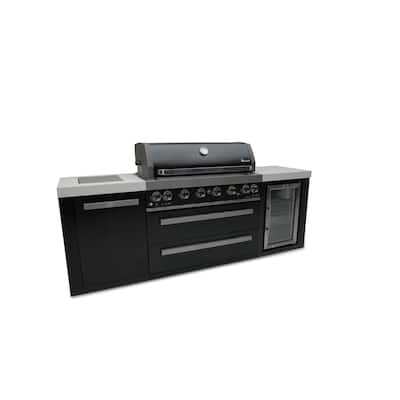 Mont Alpi MAi805-BSSFC 44-inch 6-Burner Black Stainless Steel Outdoor Kitchen Island Grill + Fridge Cabinet + Granite Countertop