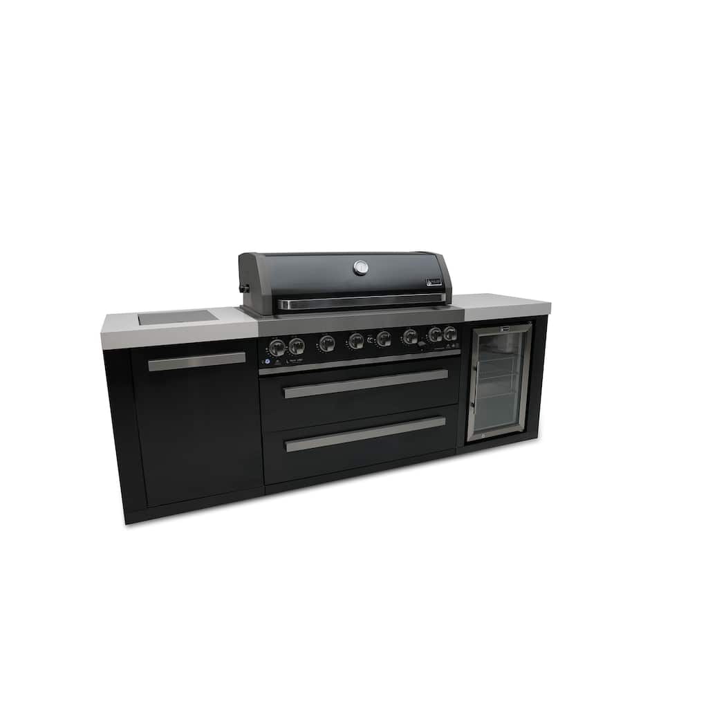 Mont Alpi MAi805-BSSFC 44-inch 6-Burner Black Stainless Steel Outdoor Kitchen Island Grill + Fridge Cabinet + Granite Countertop