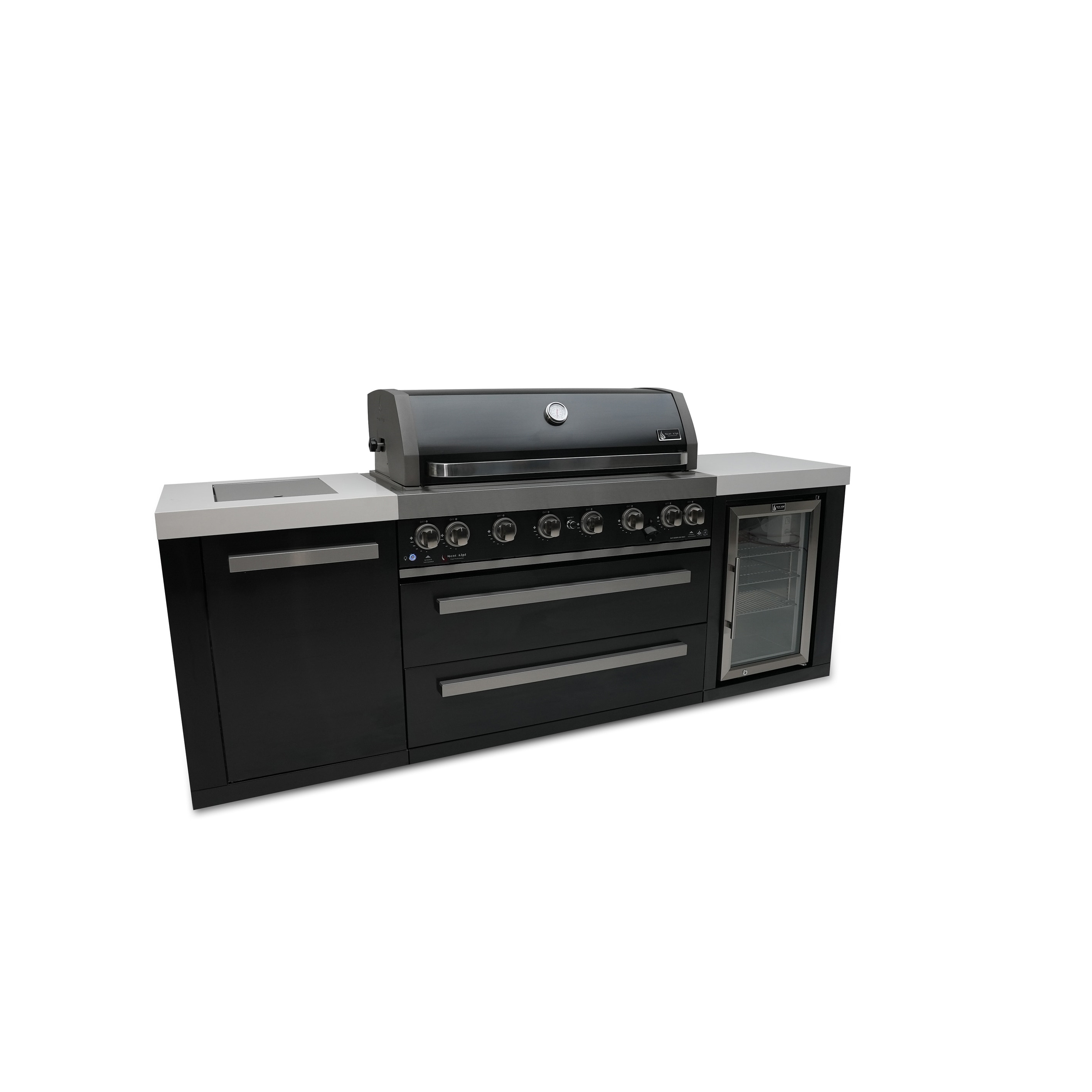 Mont Alpi Premium 94"W x 23"D Black Stainless Steel Modular Outdoor Kitchen Island with Refrigerator + 44"W 6-Burner BBQ Grill