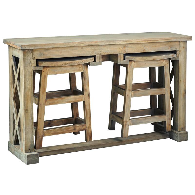 3-Piece Driftwood Dining Table Set with Built-In Stools - 60" - Brown