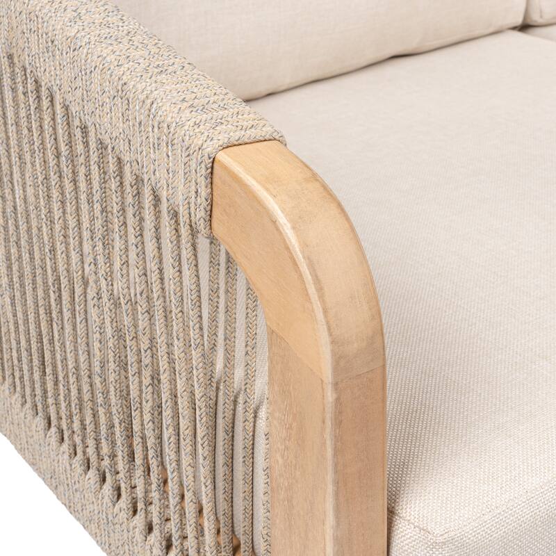Gable Modern Bohemian Roped Acacia Wood Outdoor Loveseat with Cushions, by JONATHAN Y