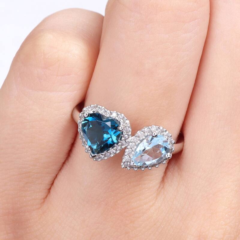 Miadora London & Sky-Blue Topaz and 1/5ct TDW Diamond Heart and Teardrop Ring in 10k White Gold