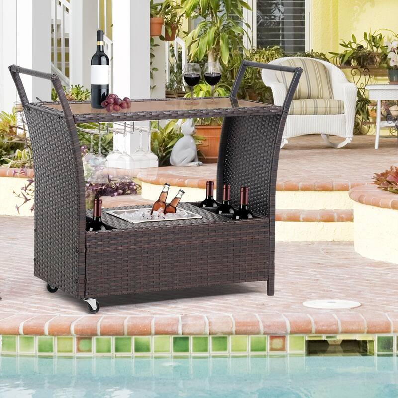 Outdoor Wicker Bar Serving Cart with Wheels and Ice Bucket,Brown