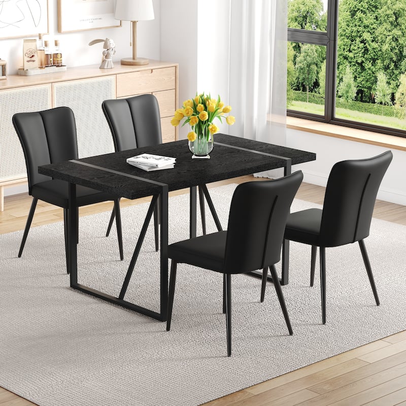 Kitchen Dining Table Set for 4-6 People, Rectangular Wooden Table with Faux Leather Dining Chairs