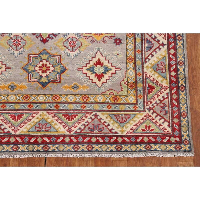 Grey Geometric Kazak Oriental Area Rug Hand-Knotted Wool Carpet - 5'1" x 6'7"