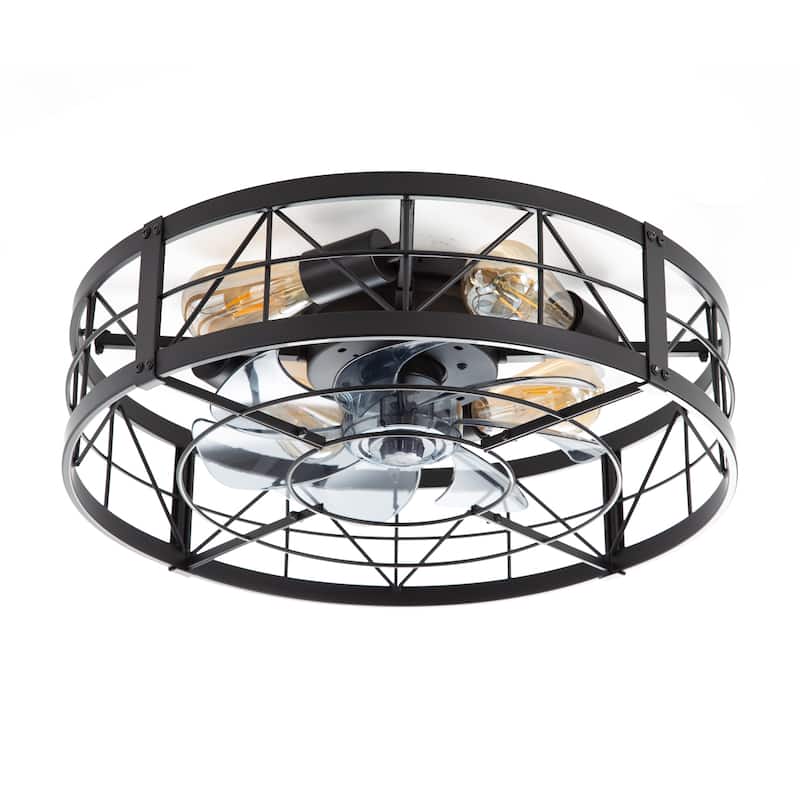 20" 7-Blade Matte Black Flush Mount Caged Ceiling Fan with Light and Remote