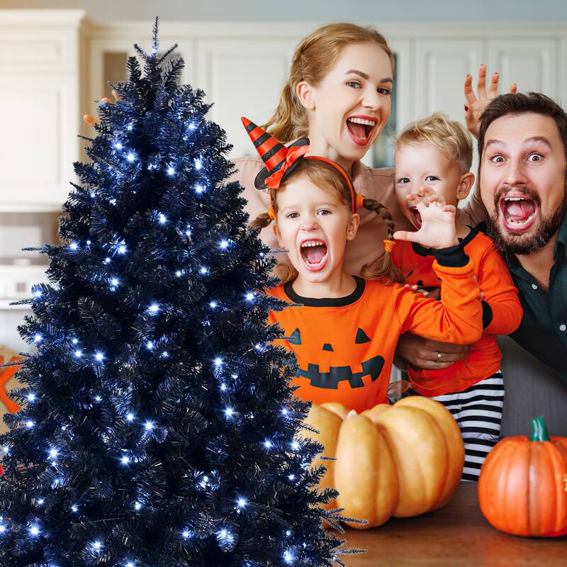 8ft Black Christmas Tree with 600 White LED Lights,2486 Tips PE+PVC Artificial Tree for Halloween&Holiday Decor