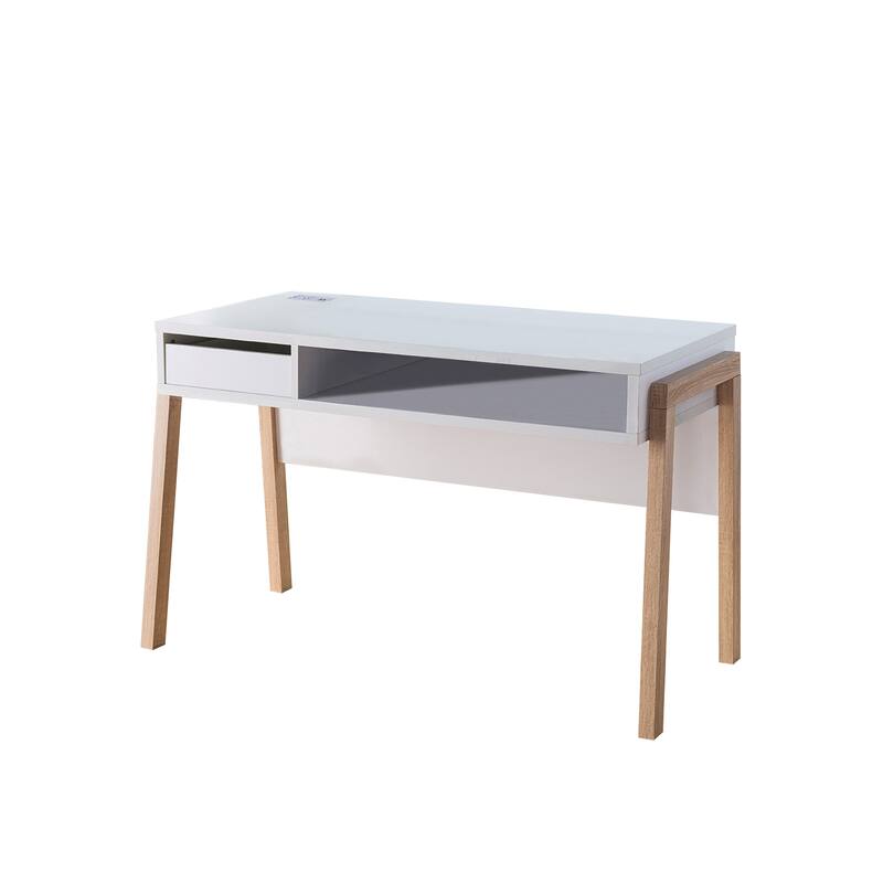 Office Desk, Computer Desk with Hidden Storage Shelve, Drawer and USB/Power Outlet in White and Weathered White