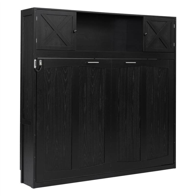 Full Size Murphy Bed Wall Bed with Storage Cabinets, Foldable Space Saving Murphy Cabinet Bed with Open Storage & Slats Support