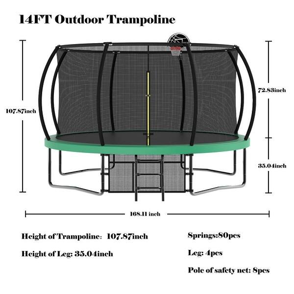 14ft Green Round Outdoor Trampoline with Safety Enclosure Net and Ladder