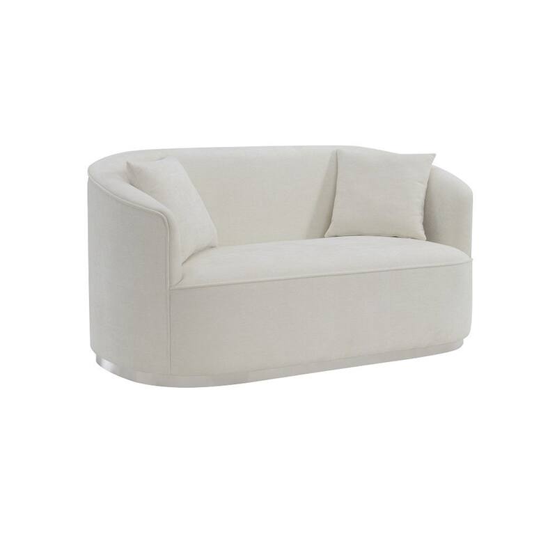 Oggy 64 Inch Loveseat, 2 Throw Pillows, Barrel Shape, Soft Beige Chenille