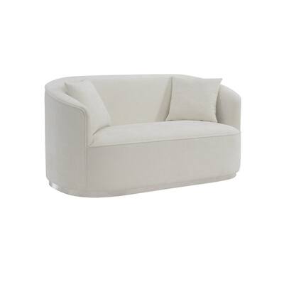 Oggy 64 Inch Loveseat, 2 Throw Pillows, Barrel Shape, Soft Beige Chenille