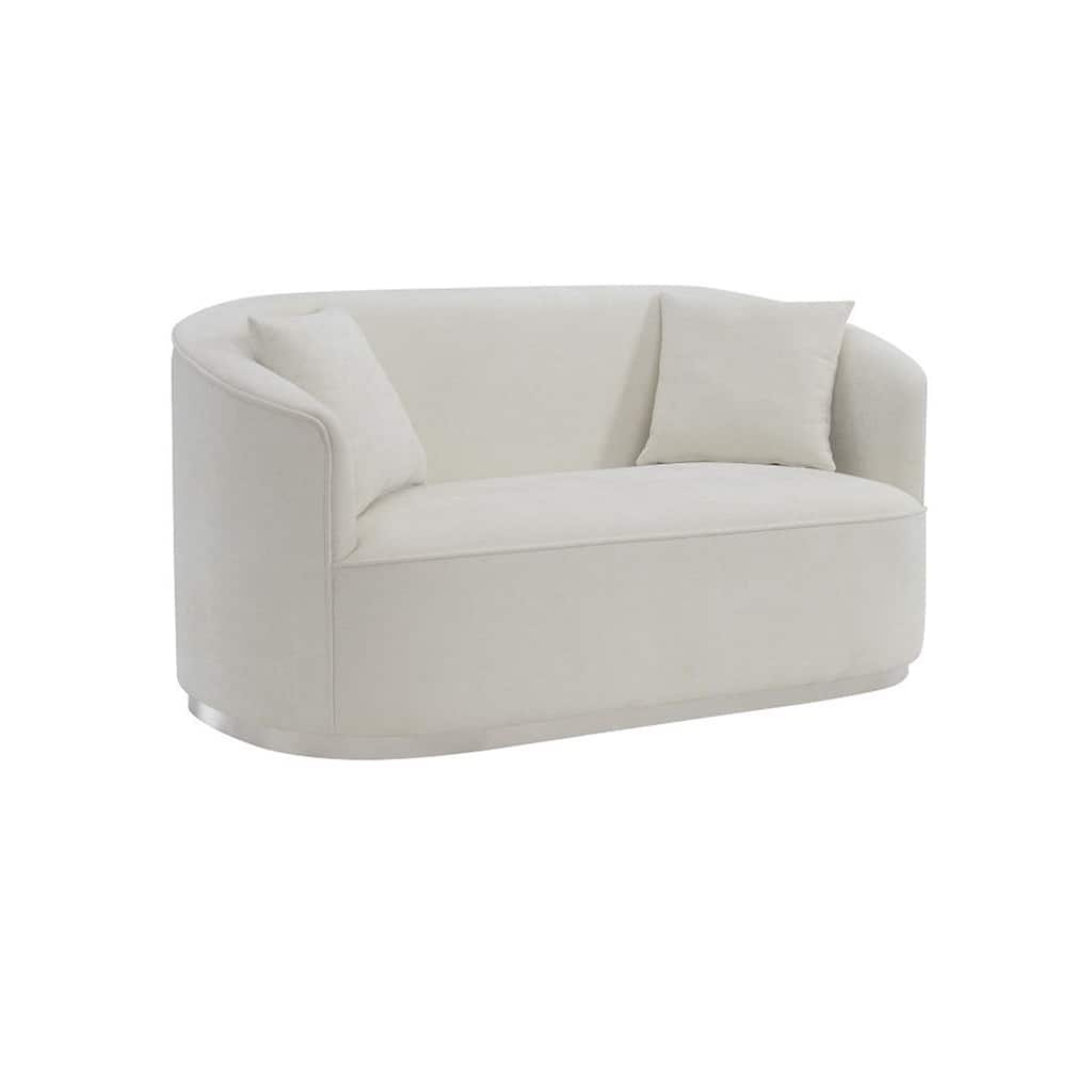 Oggy 64 Inch Loveseat, 2 Throw Pillows, Barrel Shape, Soft Beige Chenille