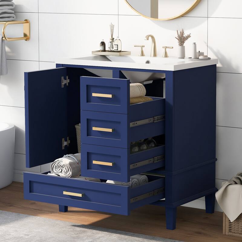 Modern Bathroom Vanity Cabinet with Sink, a Soft Closing Door & 3 Drawers - Blue