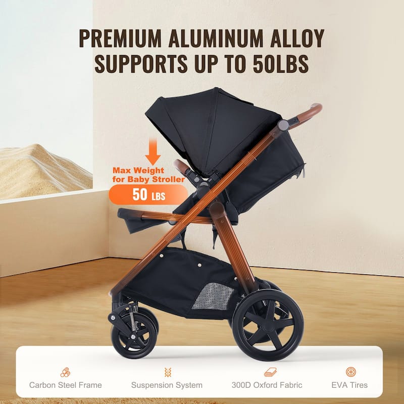 Oxford Aluminum Stroller with Bassinet and Adjustable Canopy - 35.4” L x 25.8” W x 43.9” H