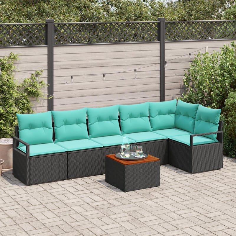 vidaXL 7 Garden Sofa Set with Cushions Black/Grey Poly Rattan - 113 x 48 x 27.2 - Black