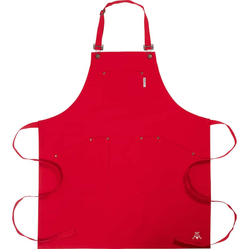 CatCora Kitchen Apron, Red, Heavyweight Cotton Canvas, Spill-Shedding Finish, Full Coverage, Fade-Safe, 3 Pockets, Unisex