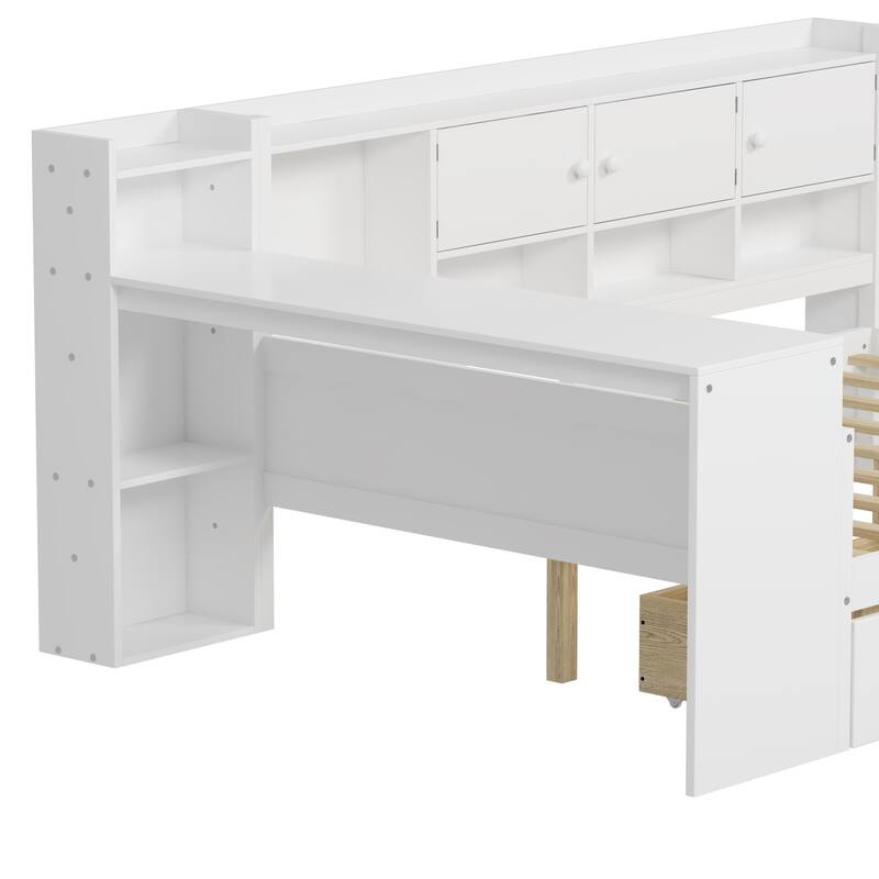 Twin/Full Size Wooden L-Shape Daybed with Cabinets and Drawers, Multi-functional Bed Frame with Desk and Bookshelf