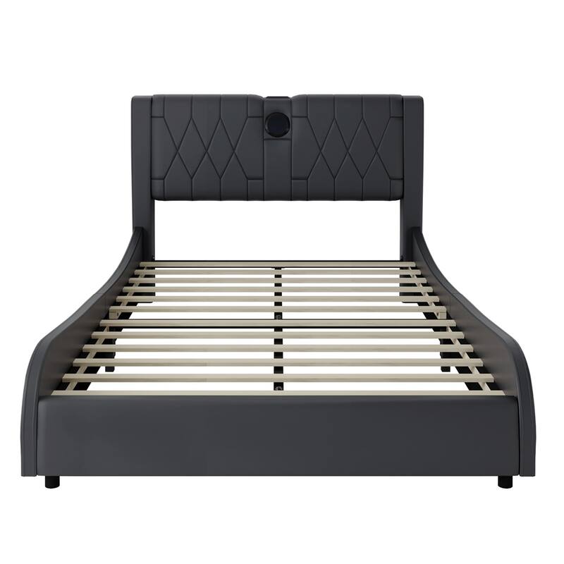 Full Size Luxurious Faux Leather Upholstered Platform Bed w/LED Light