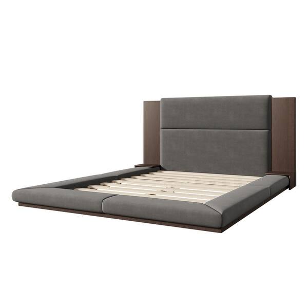 Floor Upholstered Platform Bed with Extended Wood Headboard & Bedside Shelf