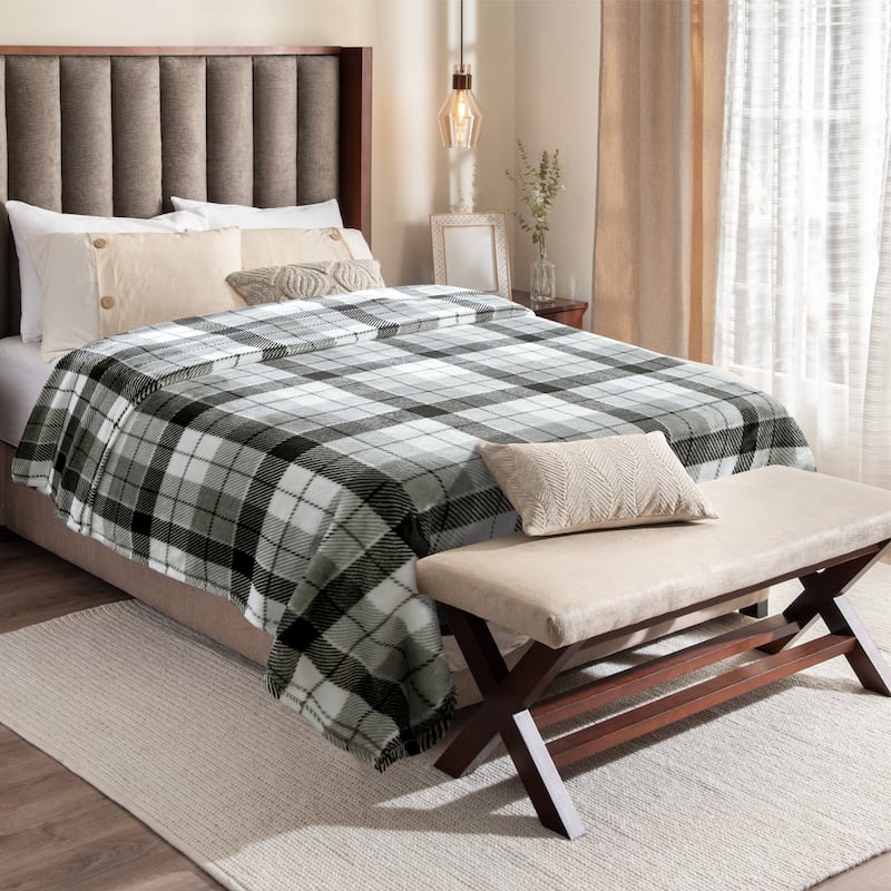 Warm & Cozy Plush Velvet Blanket - 90 x 90 in - Grey Plaid