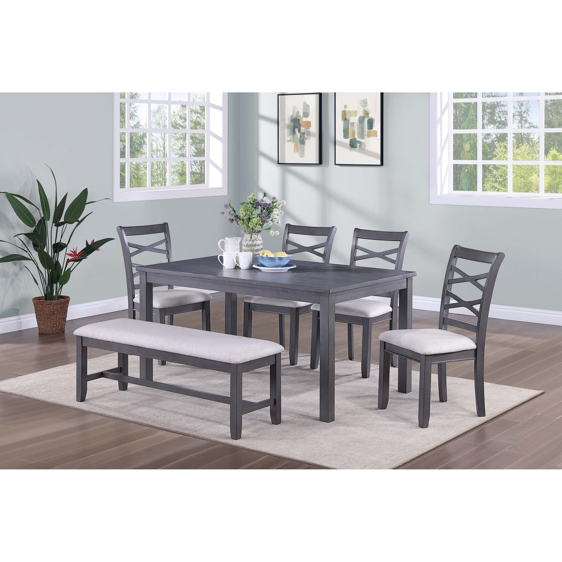 Dual X-Cross Dining Set 6pc Gray Finish Upholstered Chairs Dining Furniture