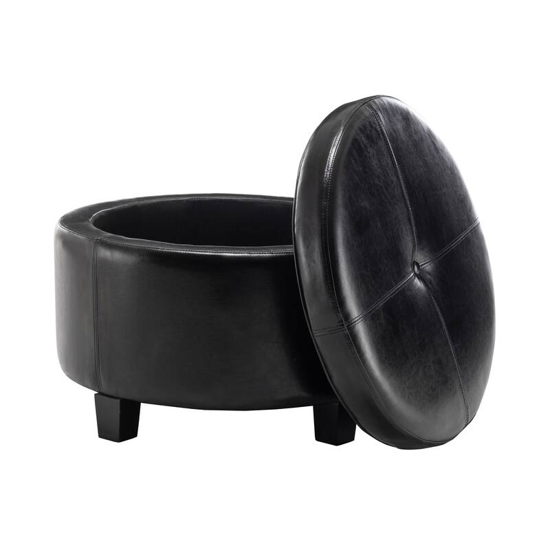 Porthos Home Donn Faux Leather Round Storage Ottoman with Rubberwood Legs