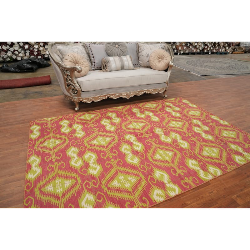 Hand Woven Oriental 100% Wool Carpet Southwestern All-Over Pink Kilim Area Rug - 8' 10'' X 5' 10''