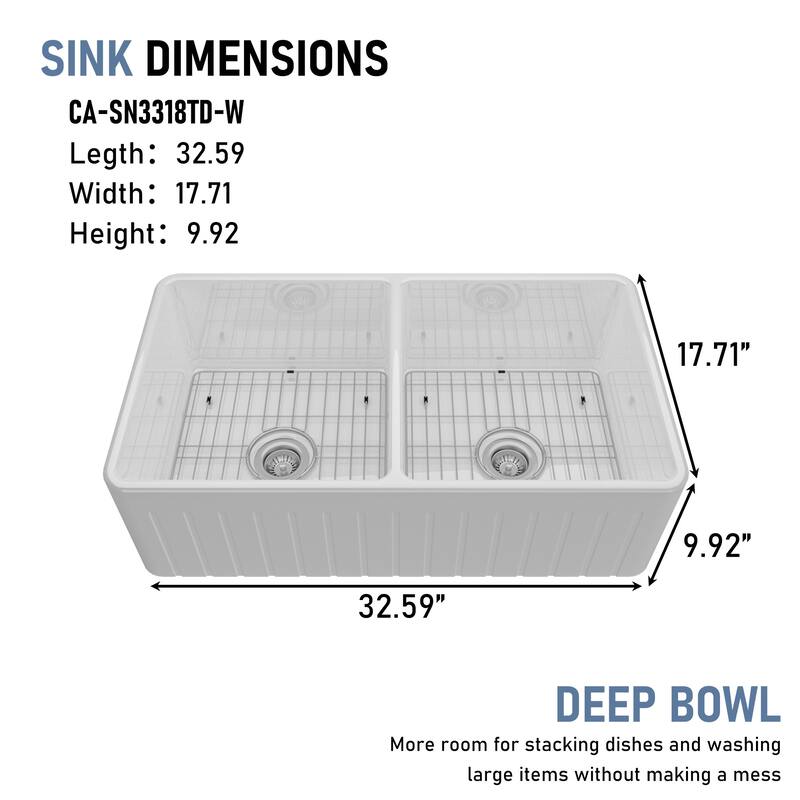 33 in. Farmhouse/Apron-Front Double Bowl Fireclay Kitchen Sink with Striped Design Reversible Installation, Grids and Strainers