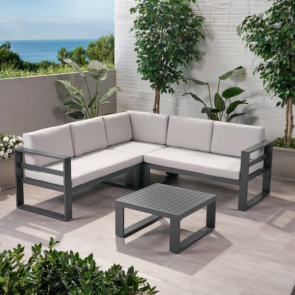slide 2 of 10, 1Left Arm Sofa Seat,1Right Arm Sofa Seat,1 Corner Chair,and 1 Coffee Table,Outdoor Aluminum V Shape Sofa Sectional Beige+Grey