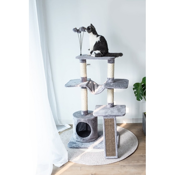 Catry Four-Level Cat Tree Condo Gray with Natural Sisal Scratching Posts, Teasing Toys, Scratching Cardboard. Opens flyout.