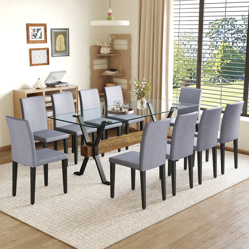 79" Dining Table Set for 10, Tempered Glass Kitchen & Dining Table with 10 Dining Chairs, Modern 11 Piece Family Dining Set