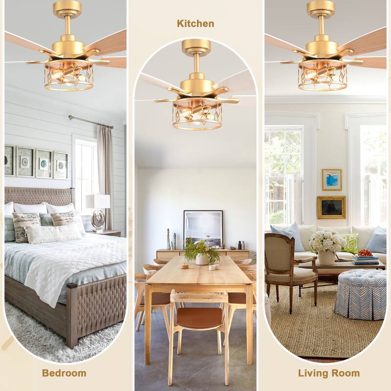 Bella Depot 52" Modern Gold Ceiling Fan with Light and Remote 6-Speed Large Caged Ceiling Fan