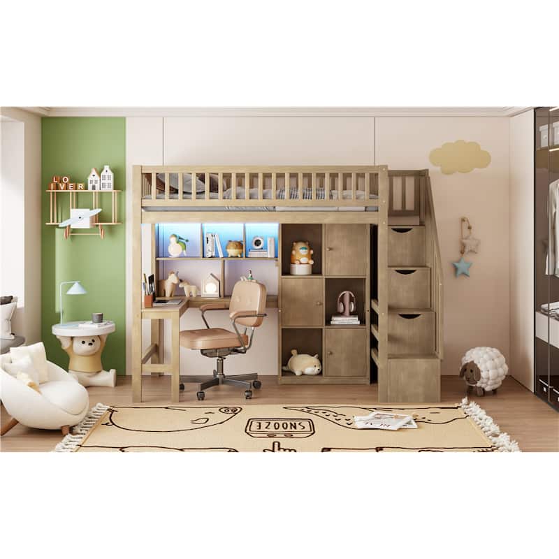 Roomfitters Twin Wood Loft Bed with Built-in Desk, Storage Cabinets and LED Light