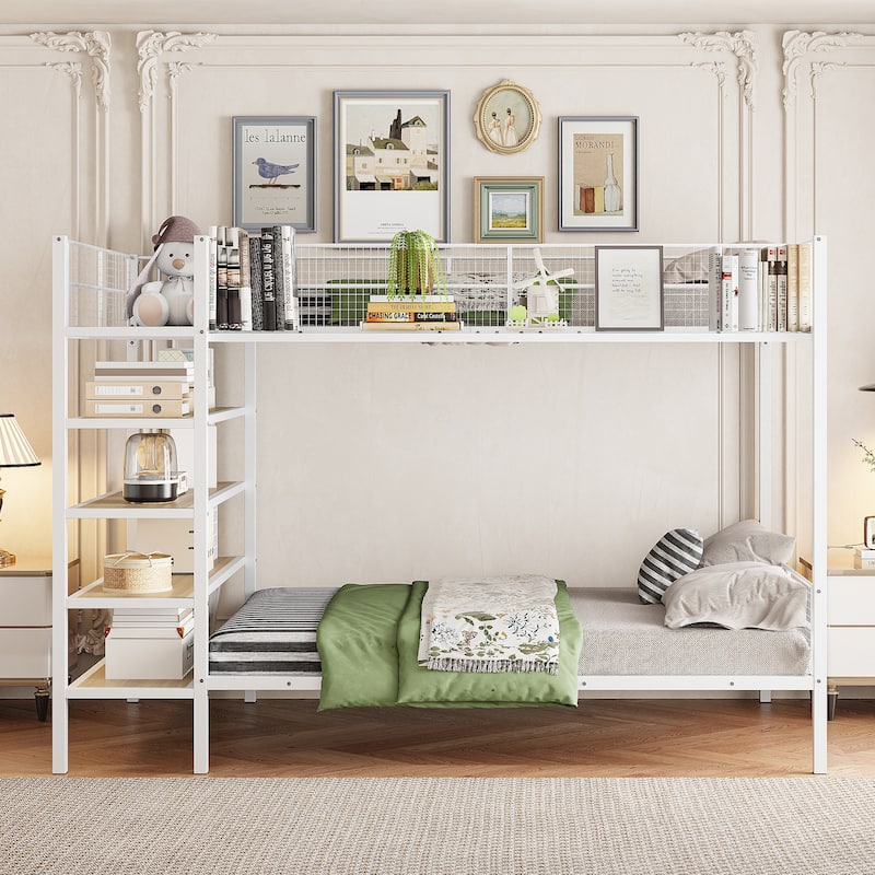 Twin Over Full Metal Bunk Bed with 5-Tier Shelves, 92.7"L x 56"W x 67"H