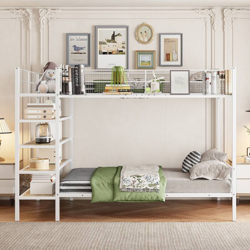 Twin Over Full Metal Bunk Bed with Mesh Guardrails & 5-Tier Shelves