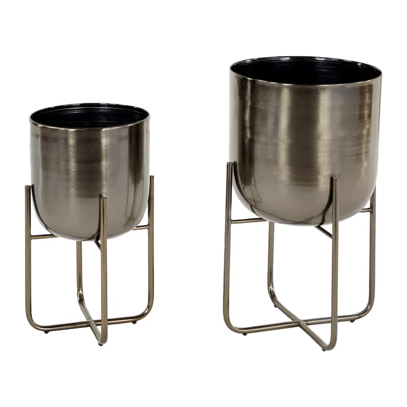 Metal Brushed Dome Indoor Outdoor Planter with Curved X-Shaped Bases - Set of 2 Gold, Silver, Black, White - Roche River Decor - Black