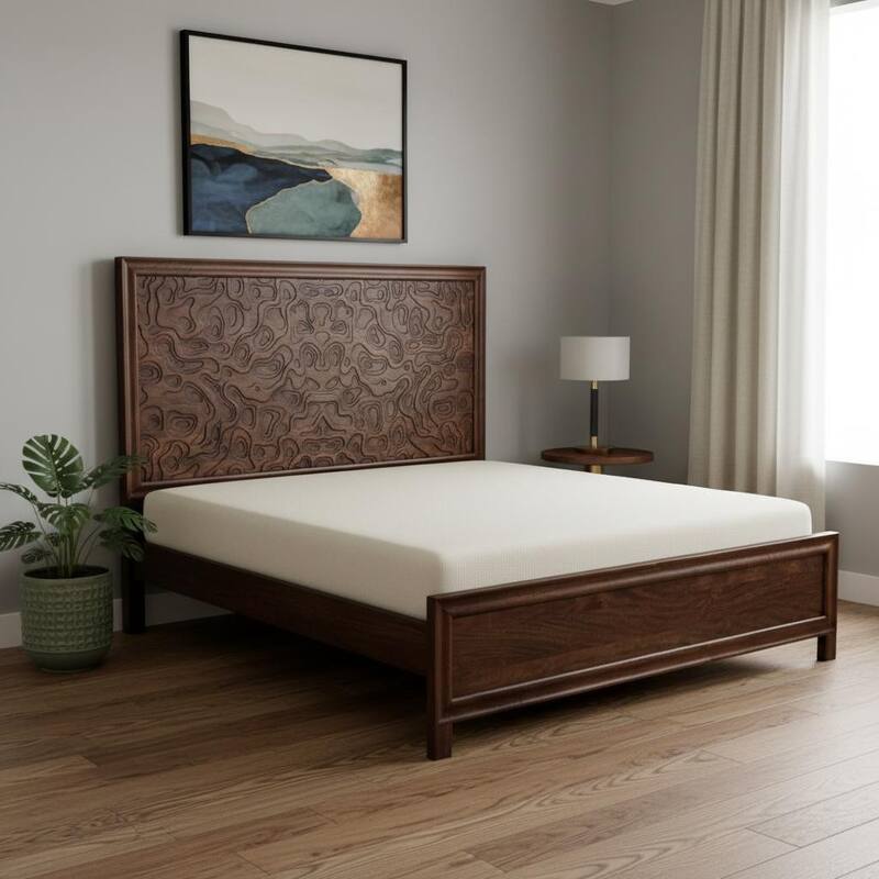 HomeRoots Brown Carved Abstract Solid Wood King Bed Frame - King - Brown