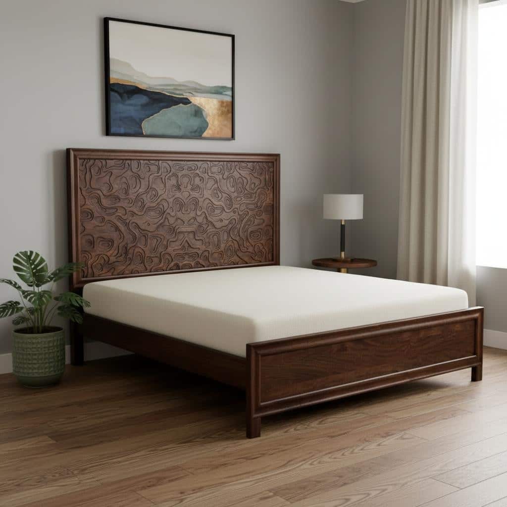 HomeRoots Brown Carved Abstract Solid Wood King Bed Frame