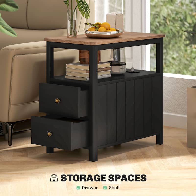 Modern Narrow Design End Table with Power Outlets and Two Drawers Display Shelf - 14.2"L x 23.6"W x 23.8"H