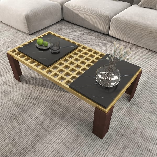 slide 2 of 10, 48'' Black and Gold Rectangle Coffee Table with Movable Marble Blocks Tabletop Black&Gold