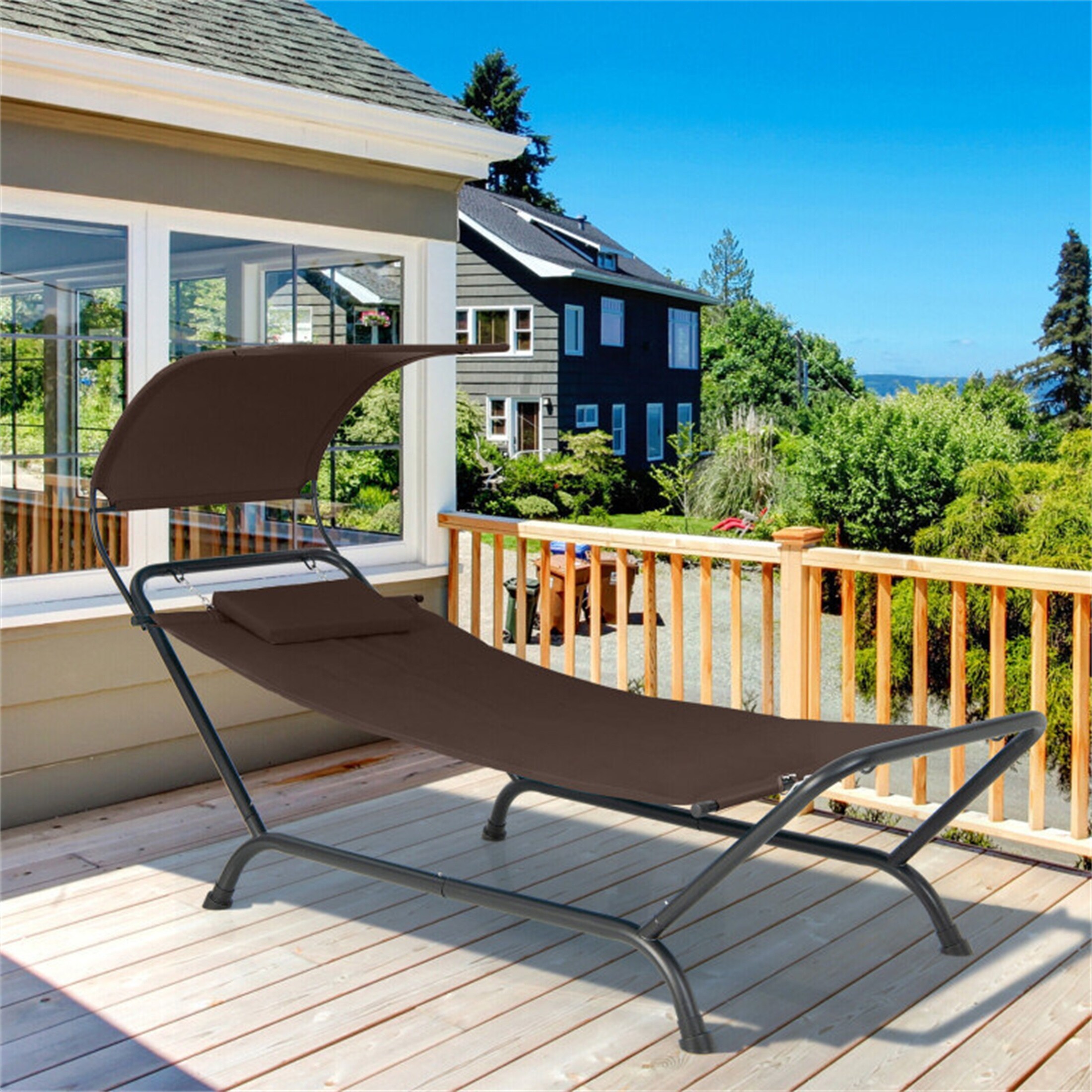 Patio Hanging Chaise Lounge Chair Canopy Cushion Pillow Storage