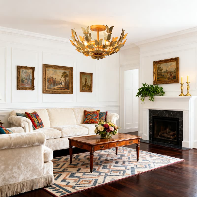 Antique Gold Butterfly Bowl 4-Light Semi Flush Mount Ceiling Light - 17.7"Wx10.4"H