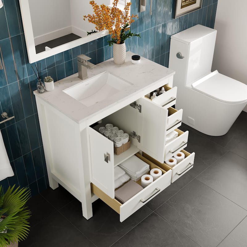 Eviva London 36"W SS Bath Vanity with White Carrara Quartz Top
