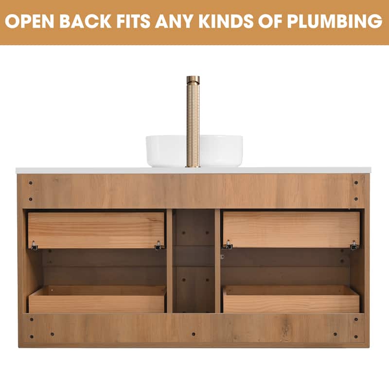 48" Floating Bathroom Vanity Quartz Counter Top with Ceramic Vessel Sink