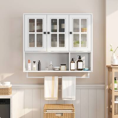 Bathroom Wall Cabinet, 3-Door Wooden Wall Cabinet with Open and Hidden Storage Space, Medicine Cabinet with Glass Door